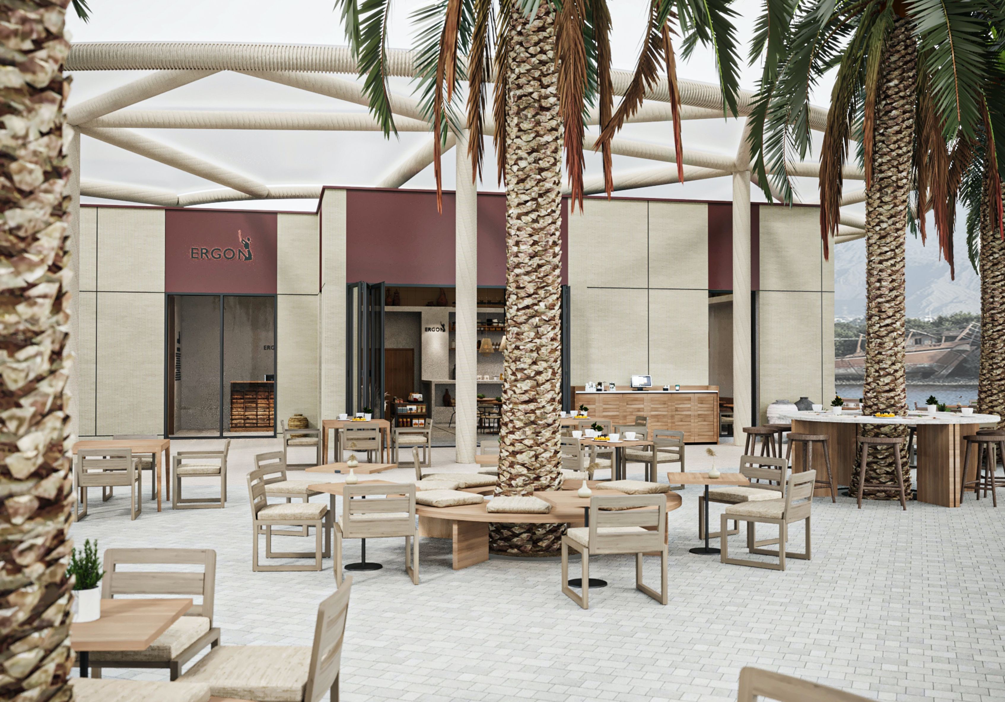 Outdoor seating area at Erth Hotel Abu Dhabi with palm trees.