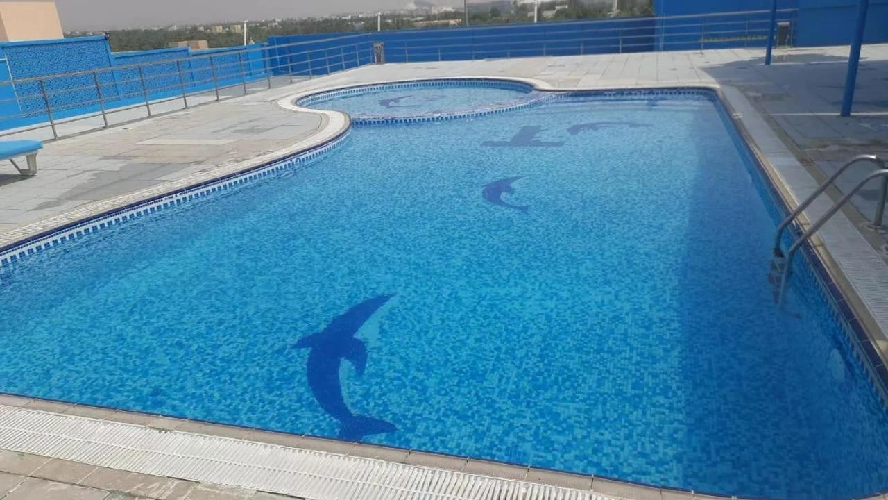 Rooftop pool with dolphin mosaics at All Seasons Hotel Al Ain.