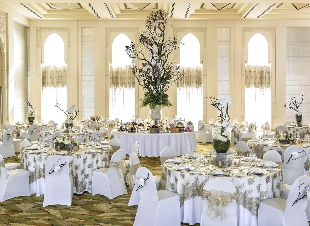 Elegant banquet setup at Shangri-La Dubai with ornate decorations.
