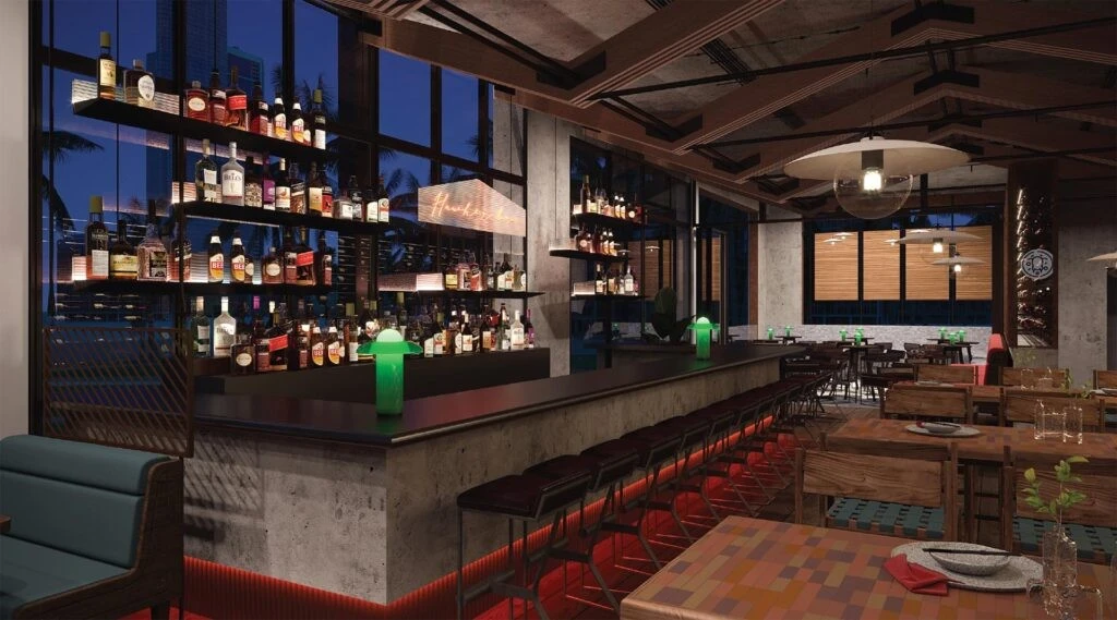 Stylish bar and dining area at Hawkerboi, The Park JLT, Dubai.
