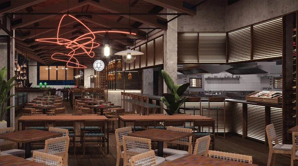 Modern interior of Hawkerboi, The Park JLT, Dubai, with neon lights.