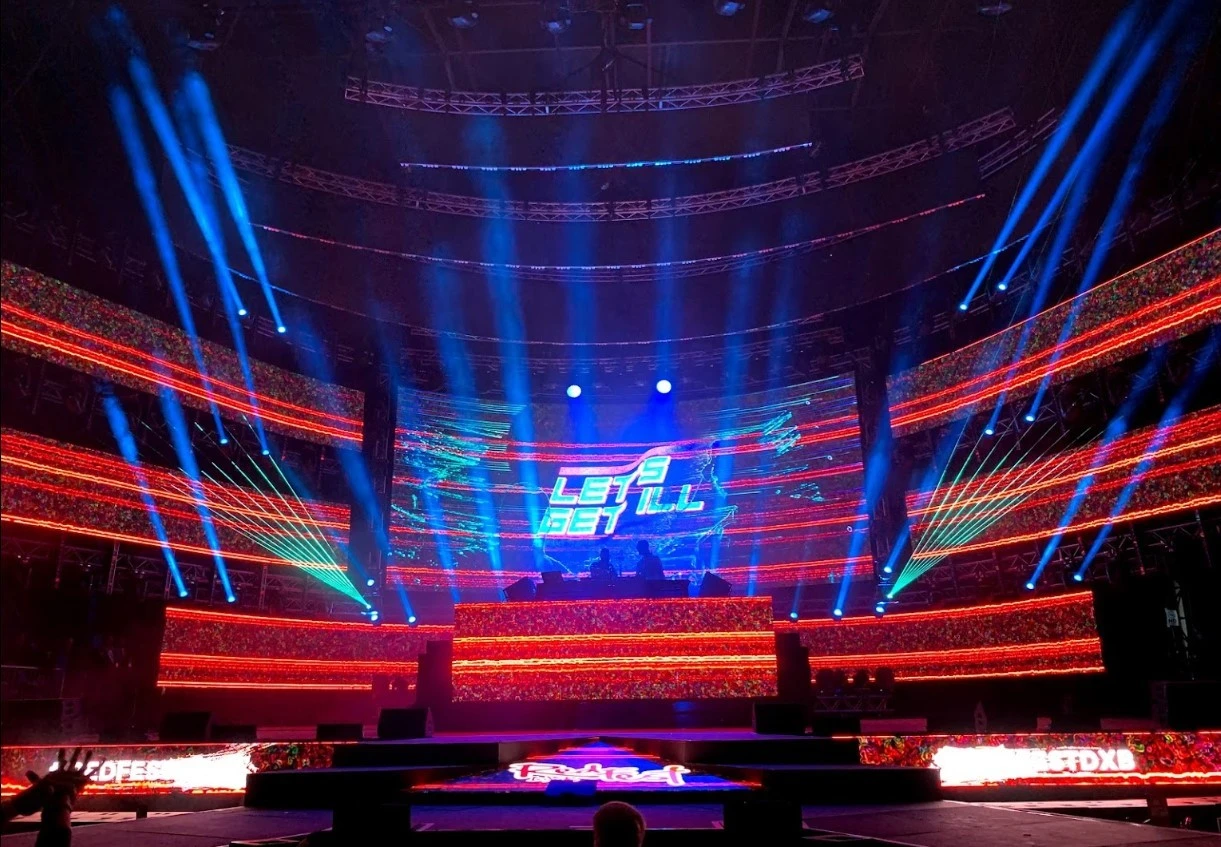 Colorful stage lights at Dubai Media City Amphitheatre, Dubai.