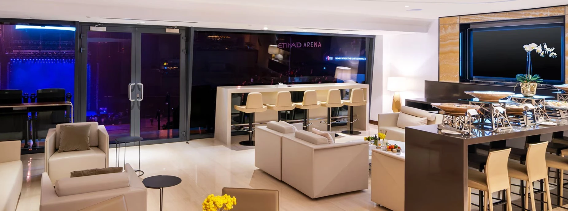 Luxurious lounge area inside Etihad Arena, Abu Dhabi.