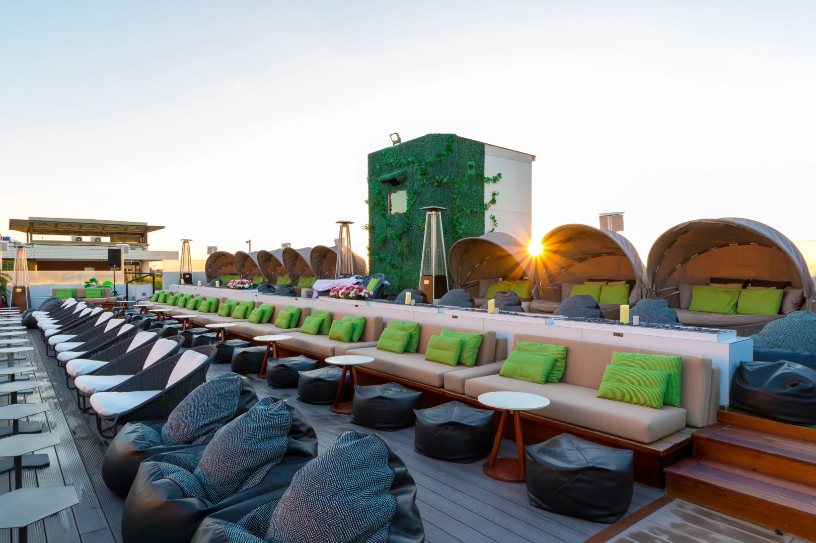 VOX Moonlight rooftop seating with sunset view, Dubai.