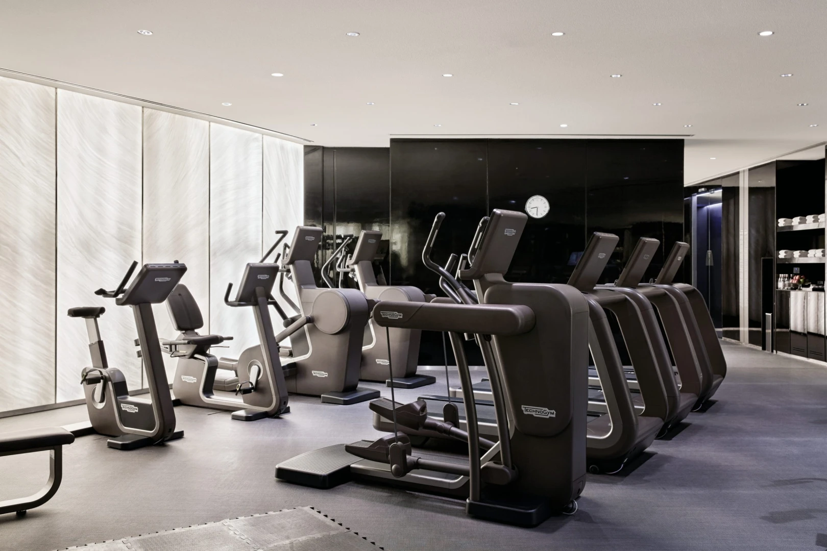 Modern gym with equipment at Armani Hotel Dubai, Burj Khalifa.