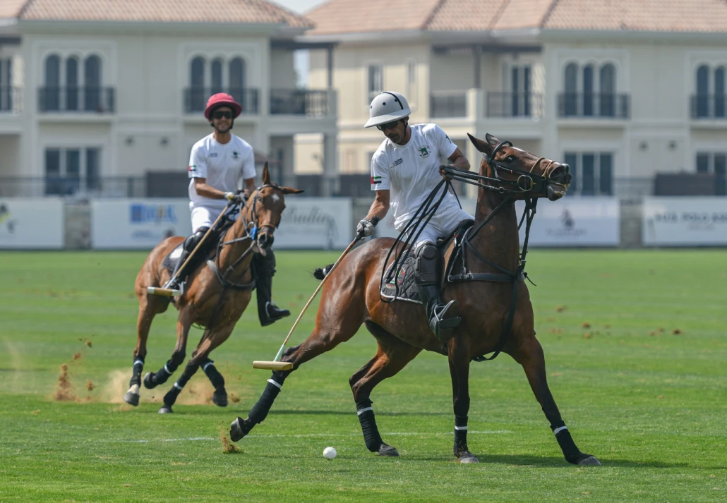 Polo players competing at Dubai Polo & Equestrian Club, Dubai.