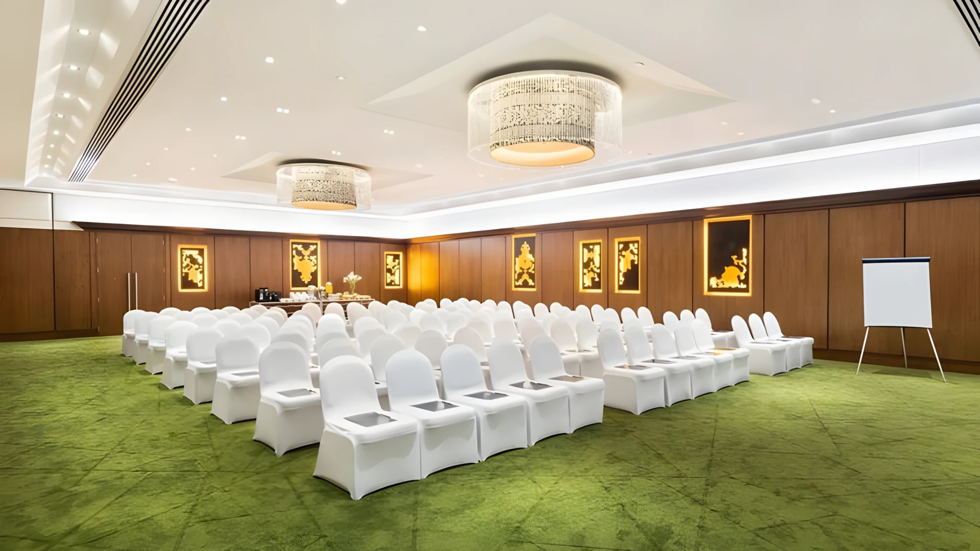 Conference room with white chairs, JA Beach Hotel, Dubai.