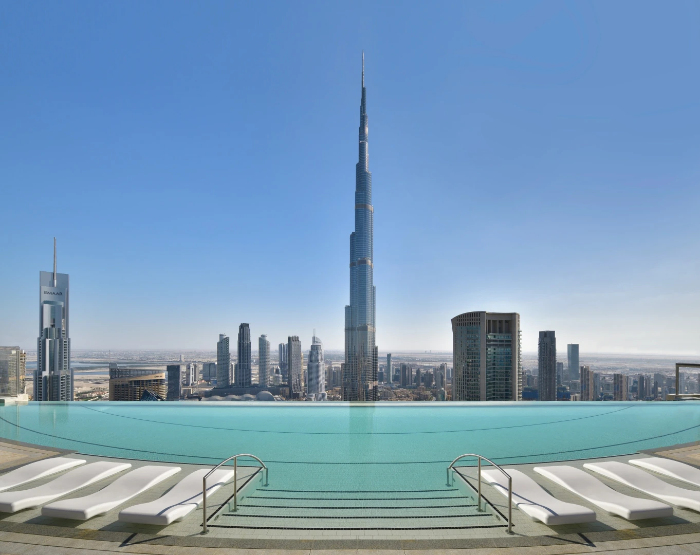Infinity pool overlooking Dubai skyline at Address Sky View.