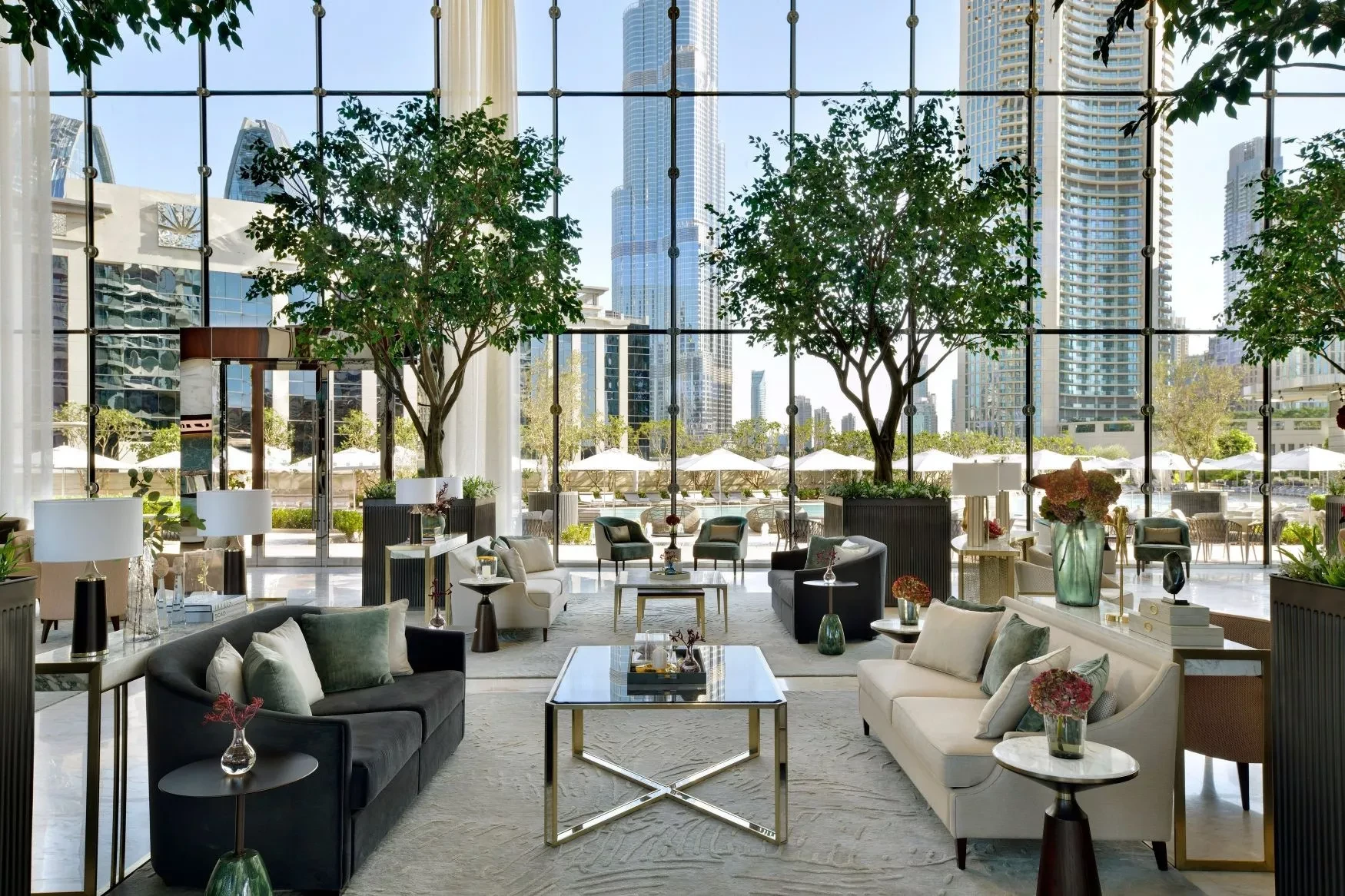 Luxurious Address Sky View lobby with Burj Khalifa view, Dubai.