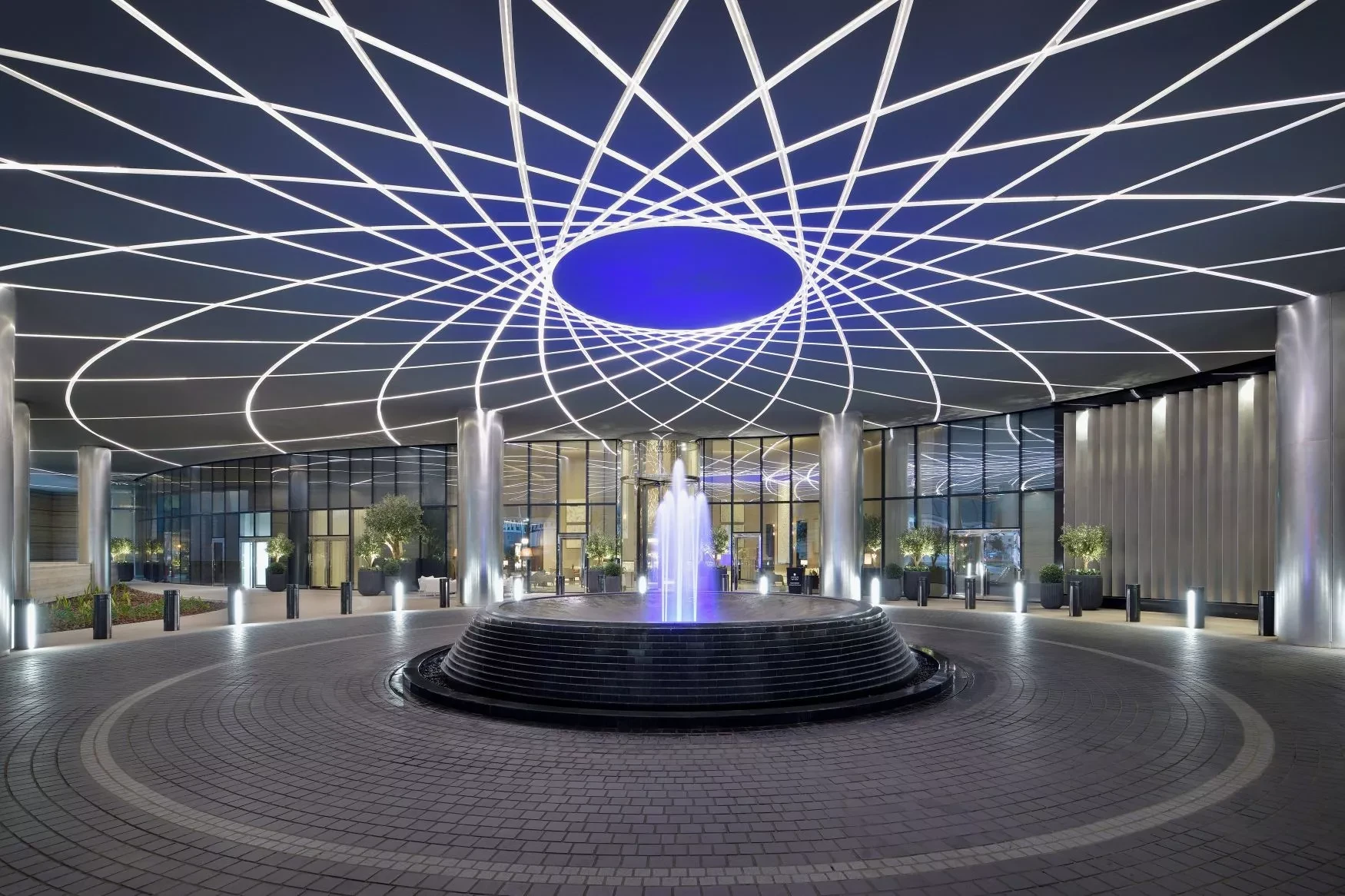 Elegant lobby entrance with fountain at Address Sky View, Dubai.