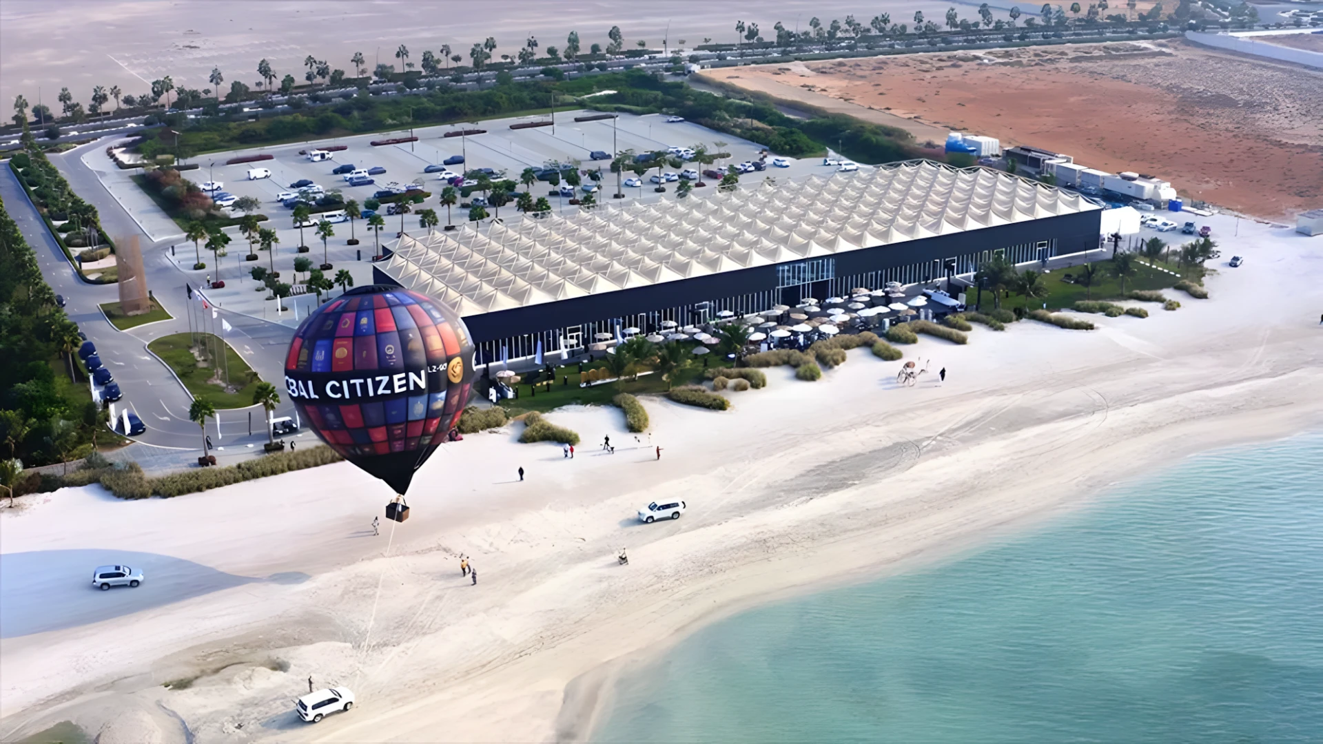 Al Hamra Exhibition Center beachfront with hot air balloon, Ras Al-Khaimah.