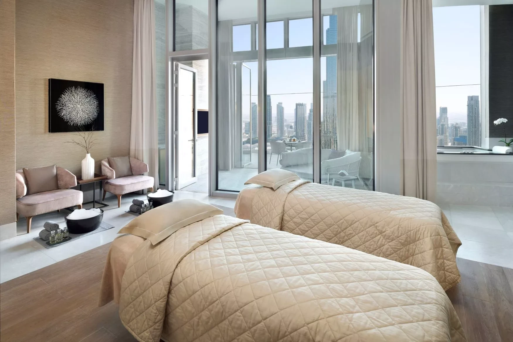 Luxurious spa couple room with city view, Address Sky View, Dubai.