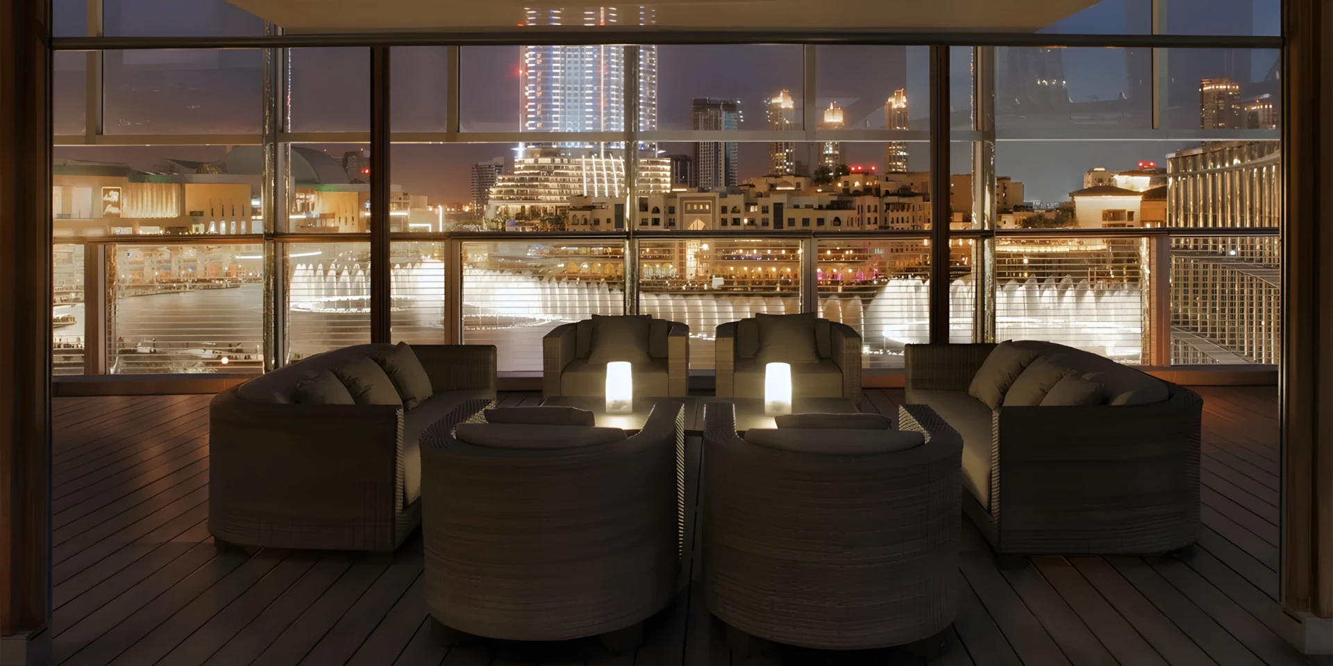 Luxurious lounge with Dubai skyline view, Armani Hotel, Burj Khalifa.