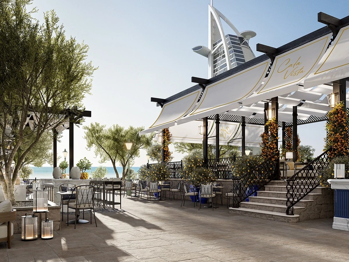 Cala Vista Dubai terrace with Burj Al Arab view and seating.