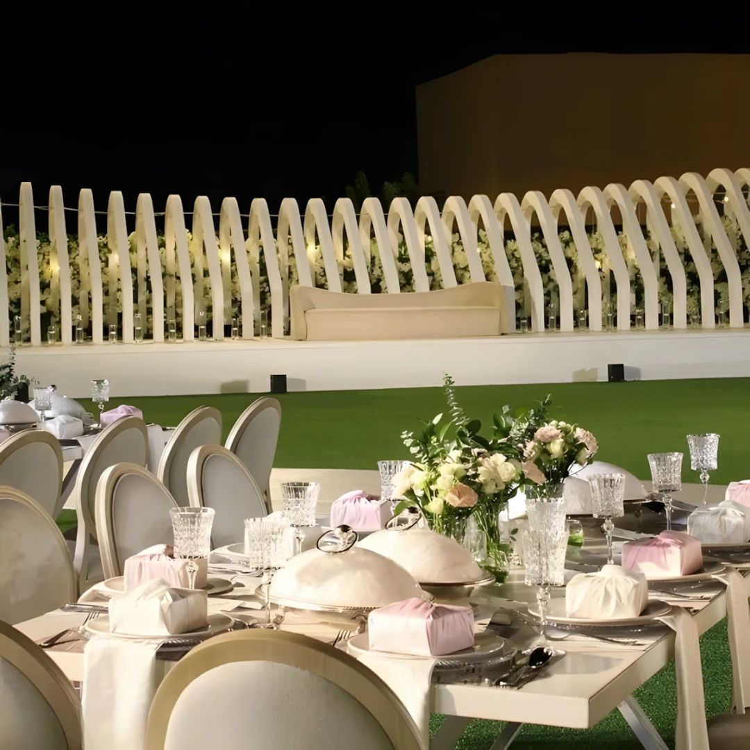Elegant outdoor dining setup at Sharjah Golf and Shooting Club.