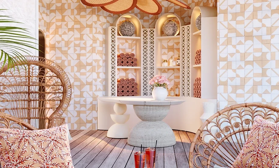 Maison de La Plage lounge area with decorative shelves, Dubai.