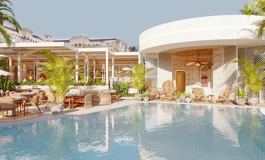 Maison de La Plage poolside venue with seating, Dubai.