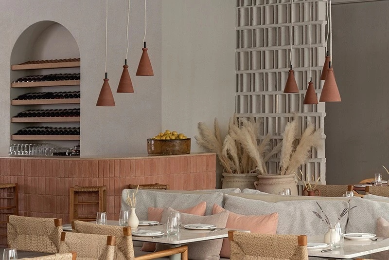 Cozy interior of Mythos Urban Greek Eatery in Dubai.