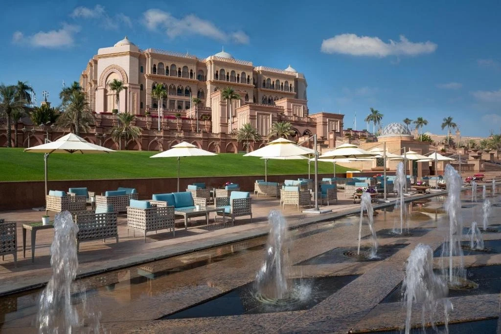 Emirates Palace Mandarin Oriental terrace with fountains, Abu Dhabi.