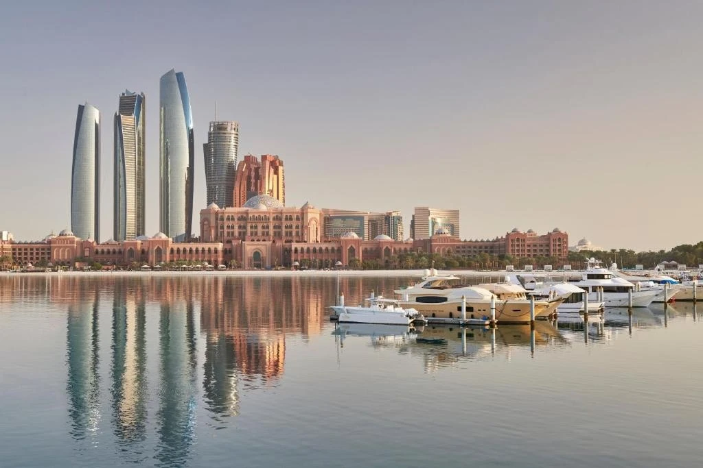 Emirates Palace Mandarin Oriental, Abu Dhabi skyline with marina view.