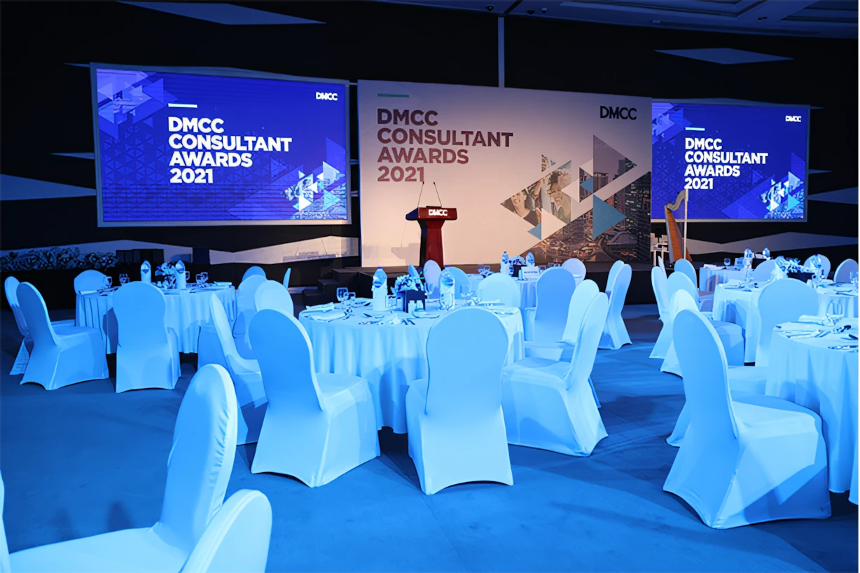 Almas Conference Centre Dubai, DMCC Consultant Awards setup, round tables.