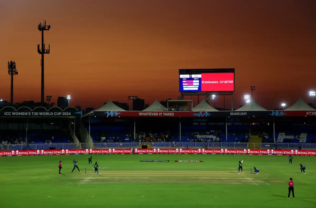 Sharjah Cricket Stadium during sunset, ICC Women's T20 World Cup 2024.