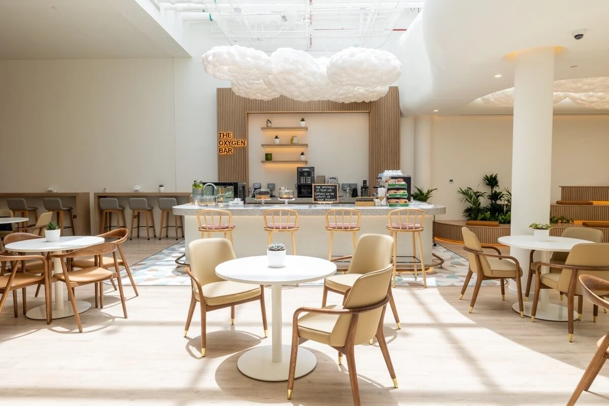 Modern cafe interior at Cloud Spaces Circle Mall Dubai.