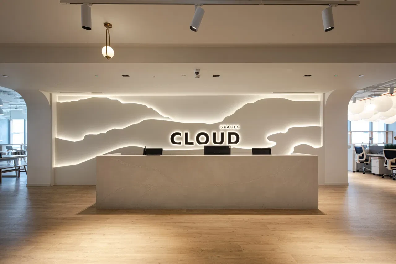 Reception area at Cloud Spaces ADGM, Abu Dhabi, with modern design.