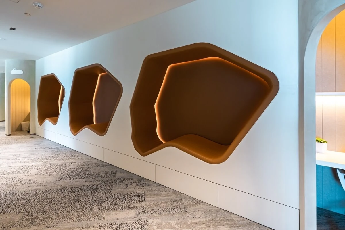 Modern seating alcoves at Cloud Spaces ADGM, Abu Dhabi.