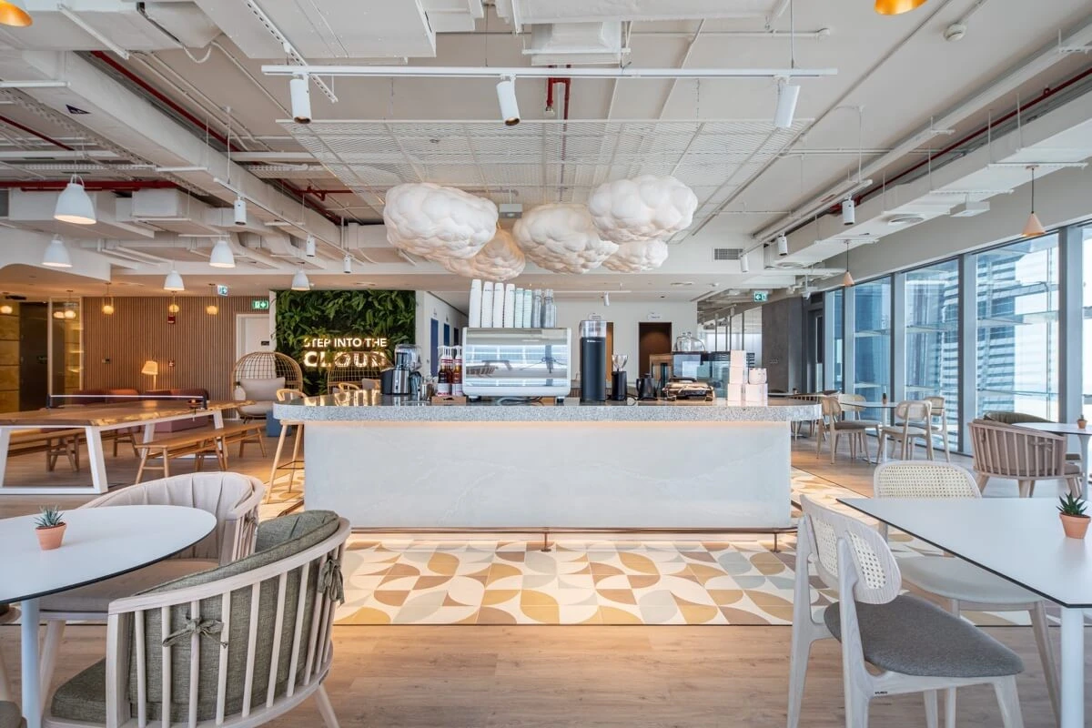 Modern lounge at Cloud Spaces ADGM, Abu Dhabi with cloud decor.