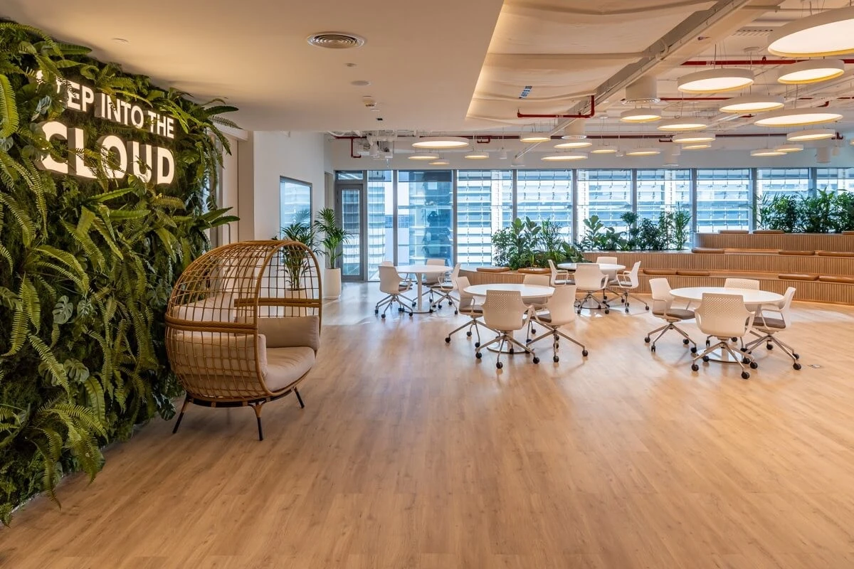 Modern event space at Cloud Spaces ADGM, Abu Dhabi with greenery.