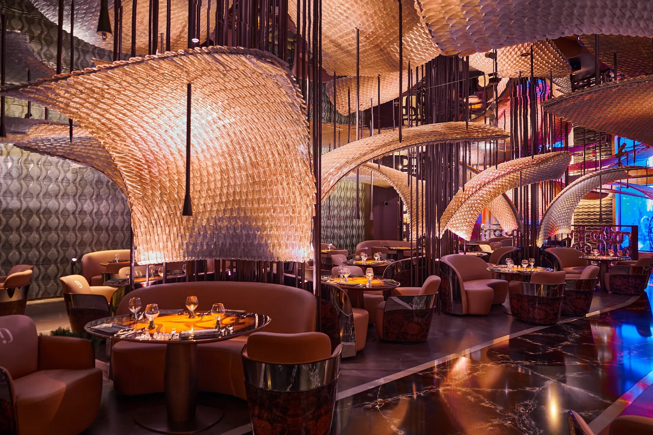 Luxurious interior of Doors Dubai Mall Restaurant with elegant lighting.