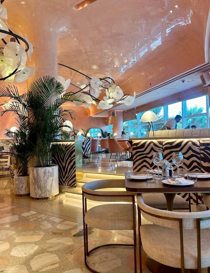 Stylish interior with zebra patterns at Flamingo Room, Abu Dhabi.