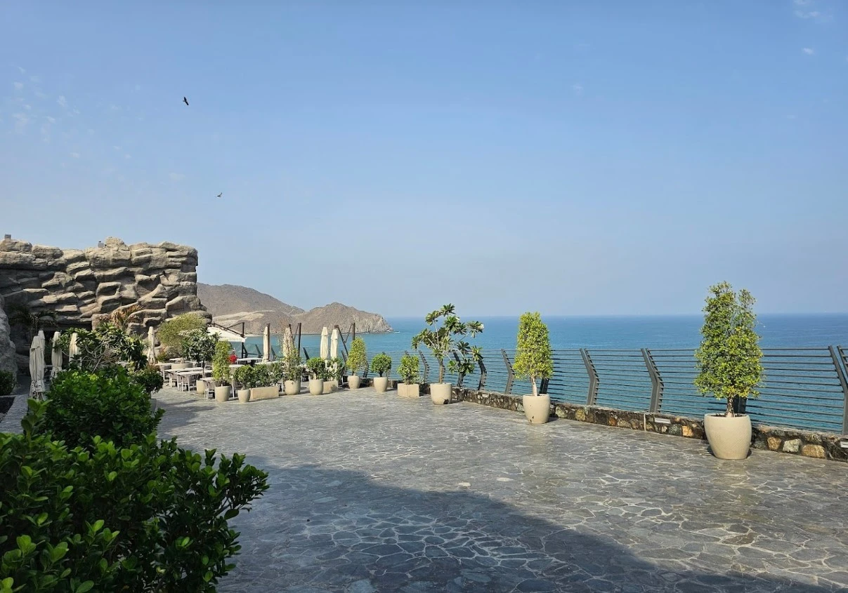 Terrace view at Habib Beirut Restaurant Khorfakkan, overlooking the sea.