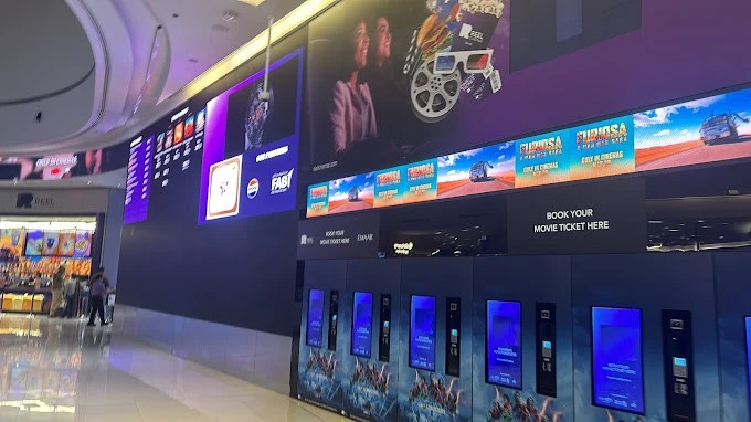 Novo Cinemas Manar Mall lobby with digital screens, Ras Al-Khaimah.