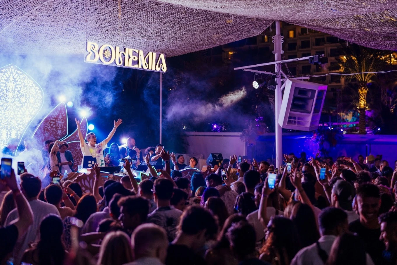 Crowd enjoying night event at Bohemia Beach Club Dubai.