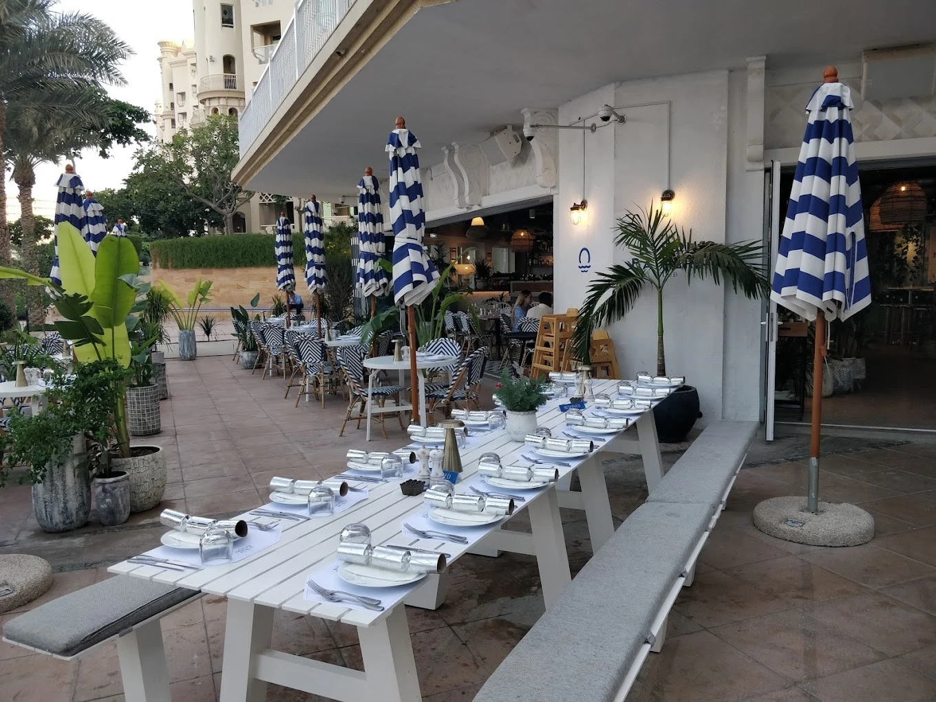 Outdoor seating at The Byron Bathers Beach Club & Bar, Dubai.