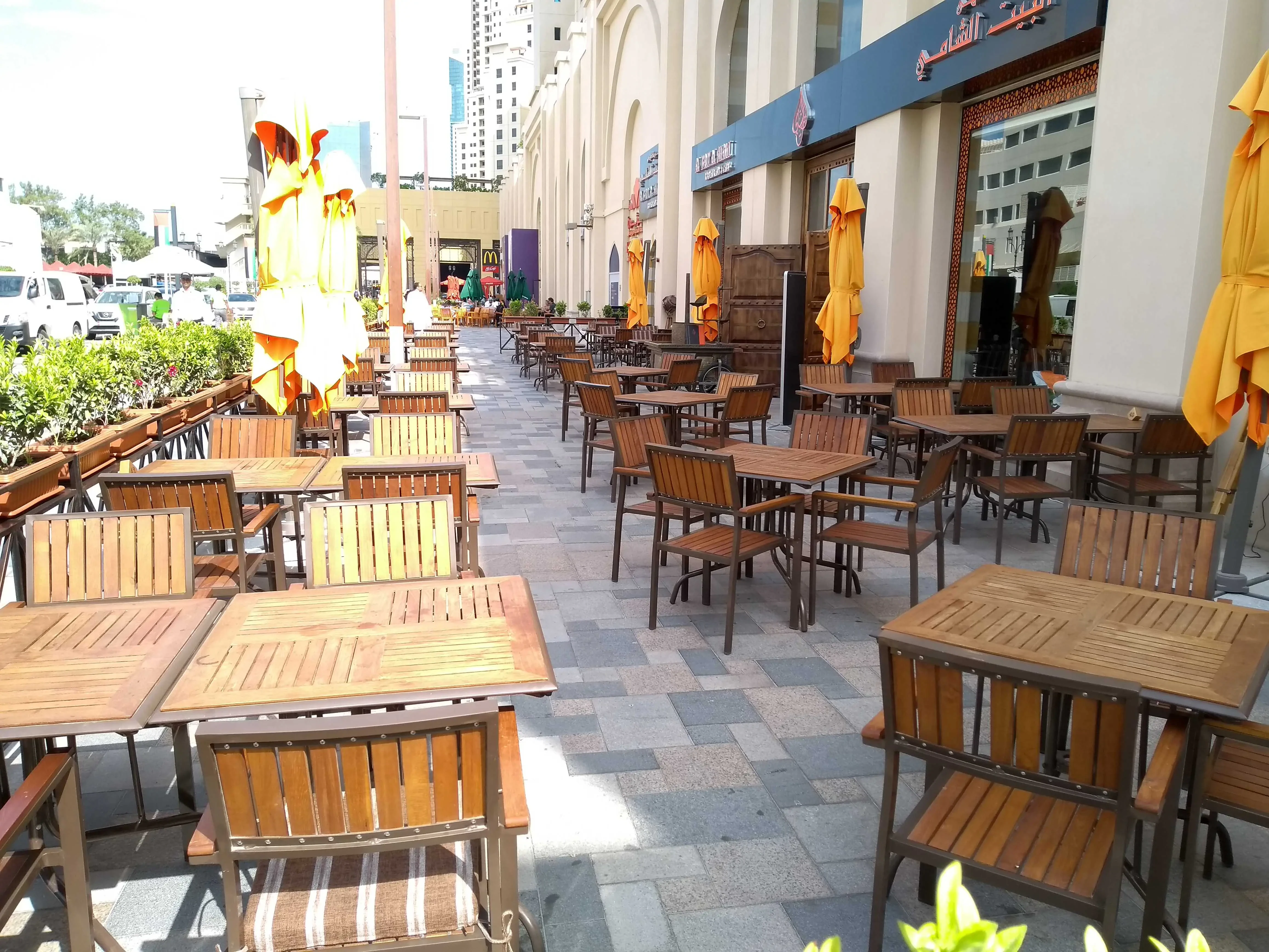 Outdoor seating at Al Bait Al Shami Restaurant, Dubai.