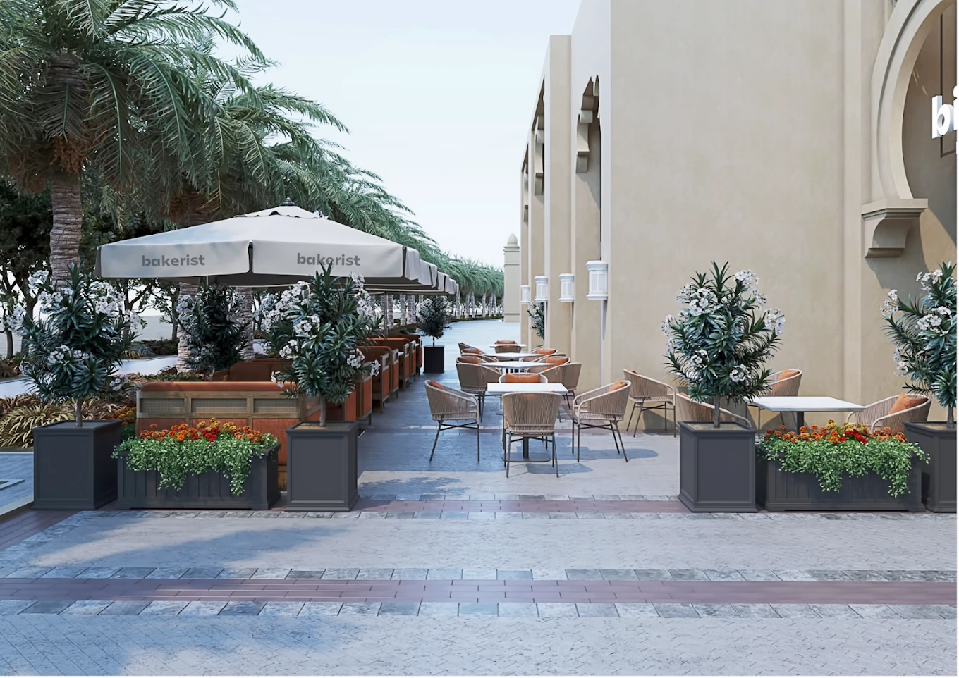 Shaded patio seating at Bakerist, Palm Jumeirah, Dubai.