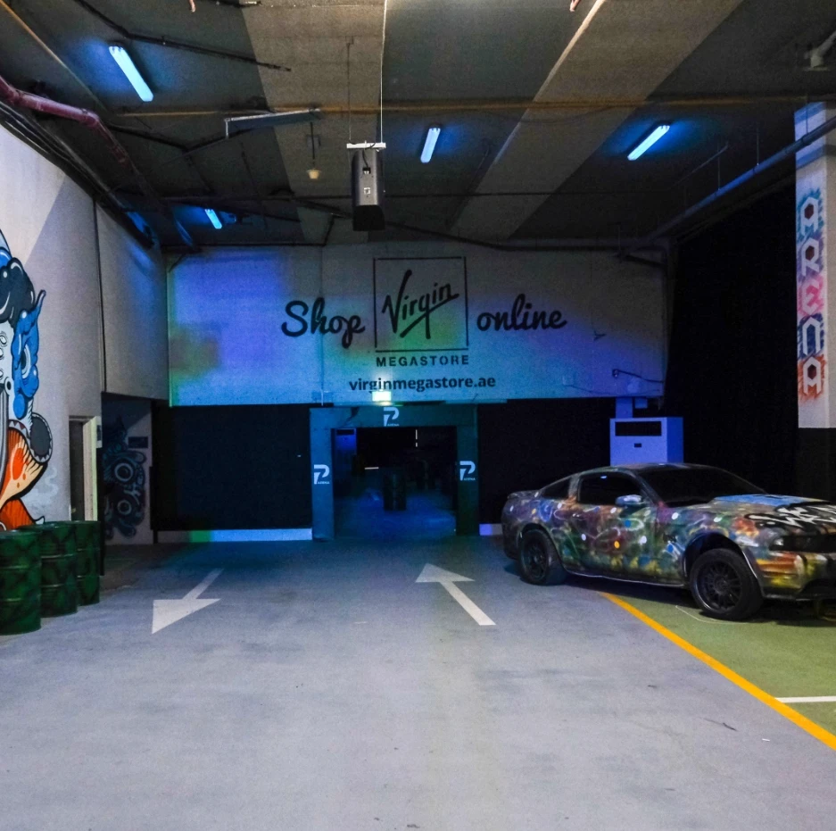 P7 Arena entrance with graffiti car, Dubai venue.