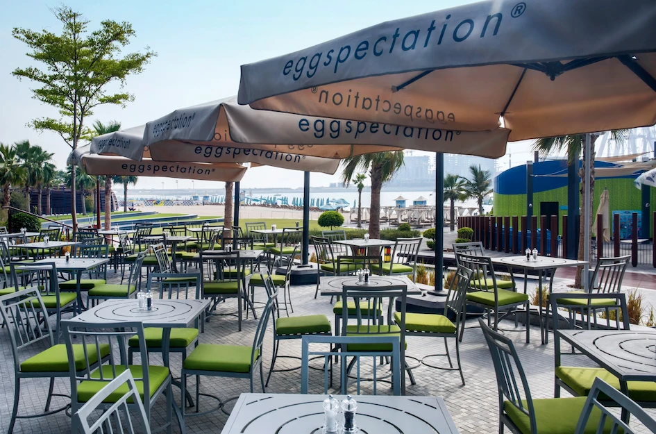 Outdoor seating at Eggspectation Restaurant Cafe JBR Dubai Marina.