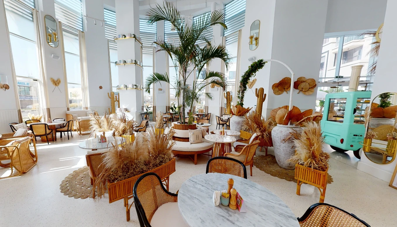 Bright, airy interior of Brunch & Cake Wasl 51, Dubai.