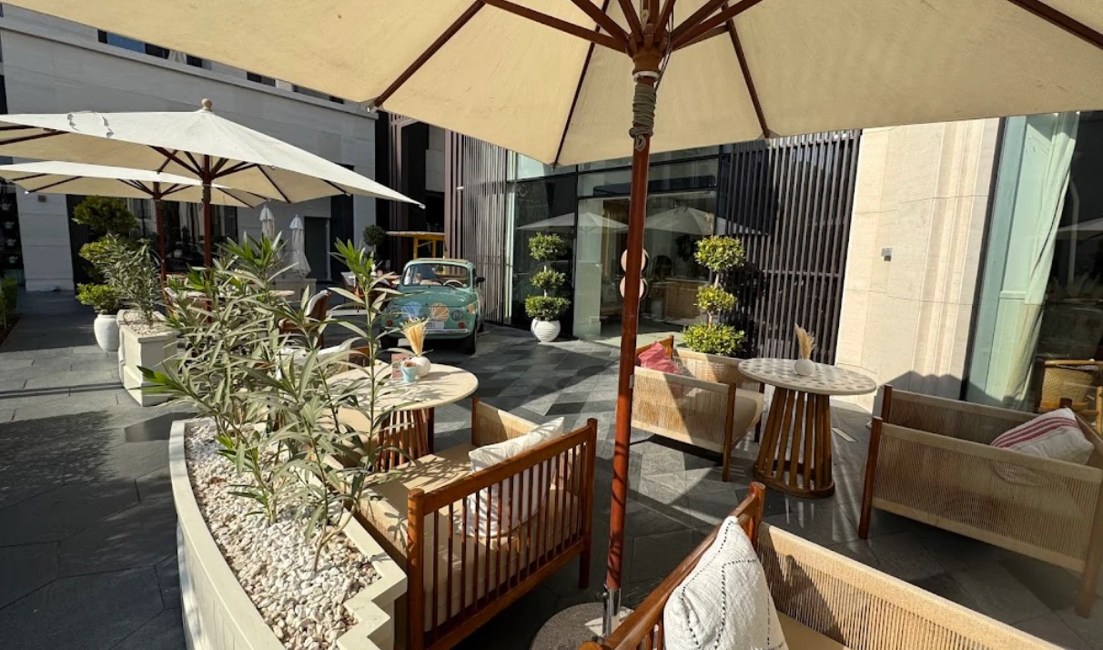 Outdoor seating at Brunch & Cake Wasl 51, Dubai.