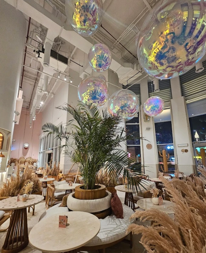 Brunch & Cake Wasl 51 Dubai, elegant interior with plants and lights.