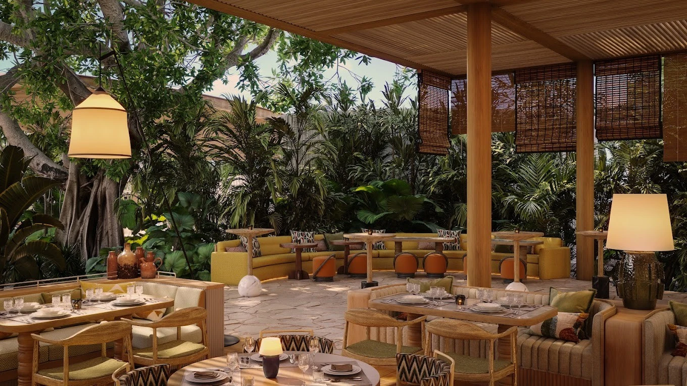 Tropical-themed dining area at Baoli Restaurant Dubai.