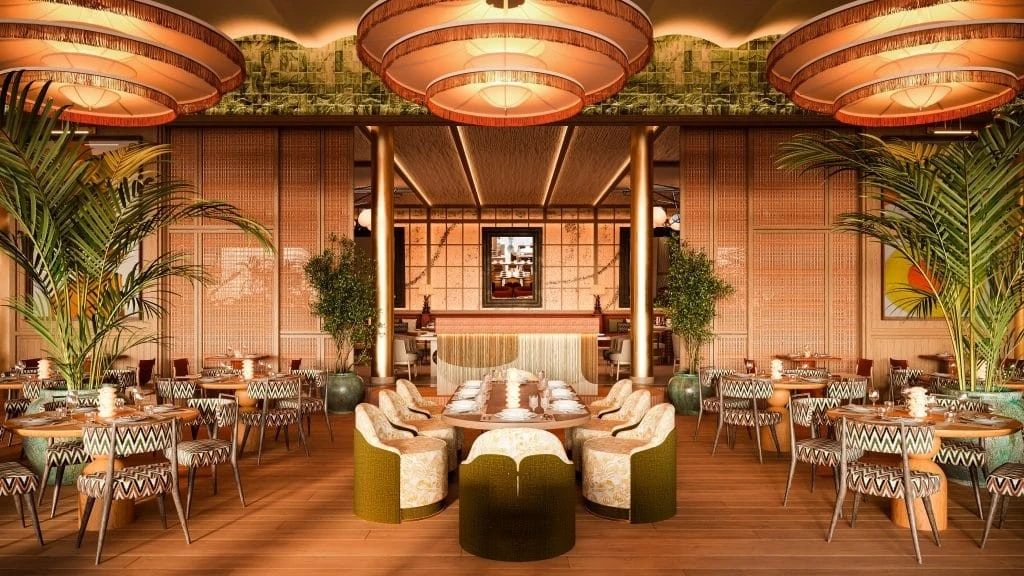 Elegant dining area at Baoli Restaurant Dubai with tropical decor.