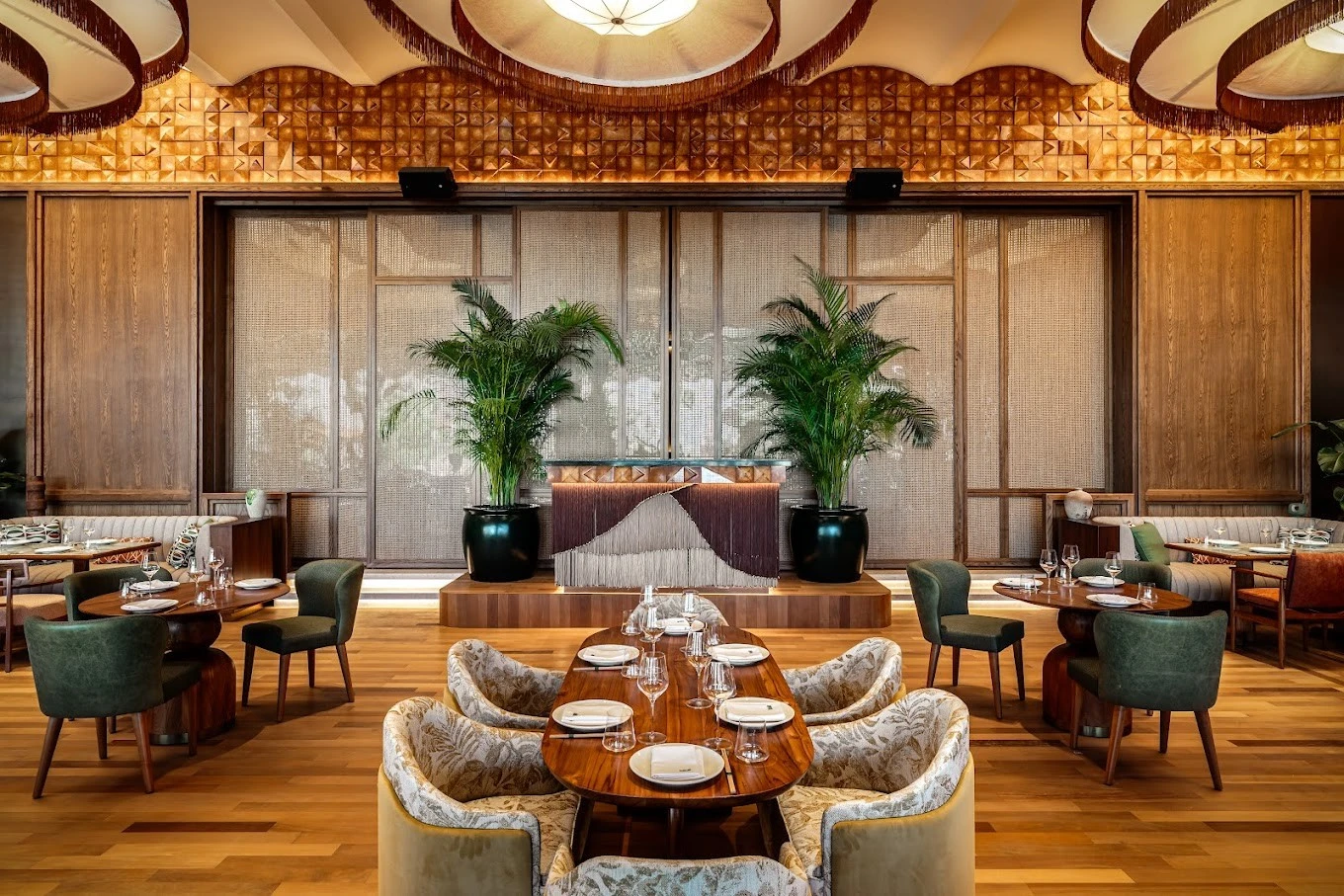 Sophisticated dining space at Baoli Restaurant Dubai with wooden accents.