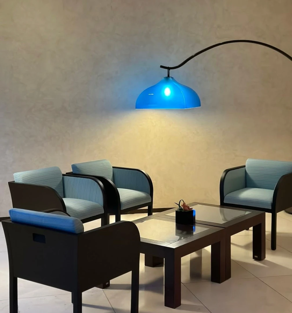 Modern seating area at Amal Restaurant, Armani Hotel, Burj Khalifa, Dubai.