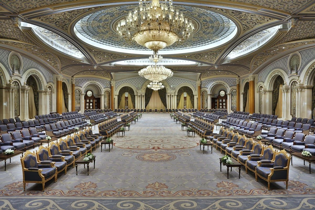 Luxurious ballroom with chandeliers at The Ritz Carlton Riyadh.