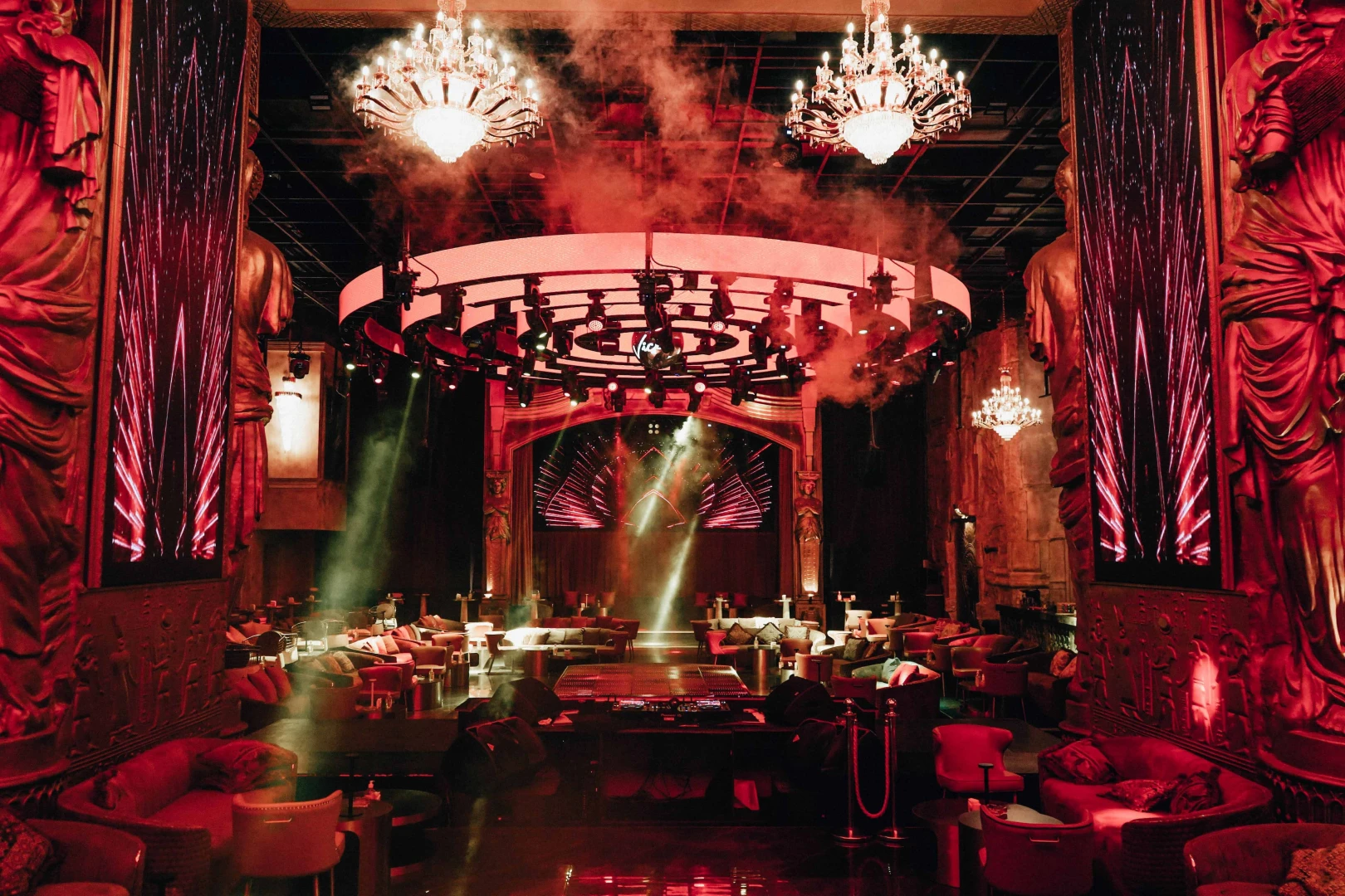 Luxurious interior of Vice Night Club Downtown Dubai with chandeliers.